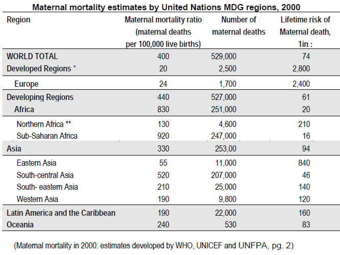 maternal mortality estimates by United Nations MDG regions,2000