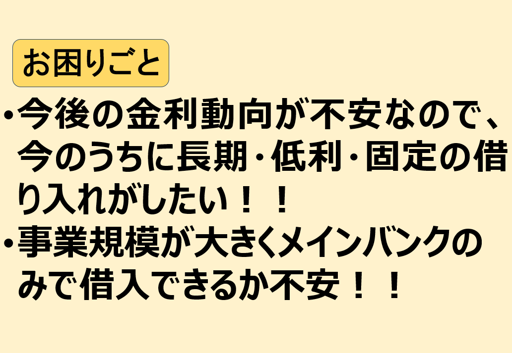 今後の金利動向が不安なので、今のうちに長期・低利・固定の借り入れがしたい！！事業規模が大きくメインバンクのみで借入できるか不安！！