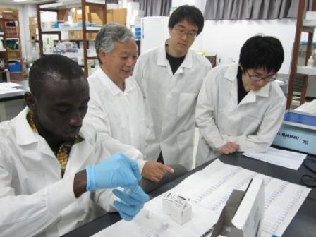 ガーナの野口記念医学研究所で研究中の井戸教授とガーナの若い研究者と日本の学生たち