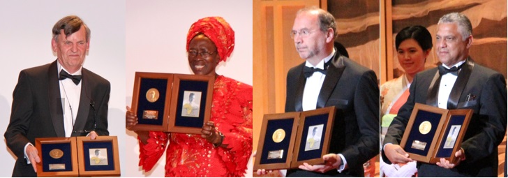 Photo of Laureates for the first prize, Dr. Brian Greenwood, Dr. Miriam Were and Laureates for the second prize, Dr. Peter Piot, Dr. Alex G. Coutinho