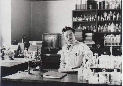 Le docteur Hideyo Noguchi dans son labo