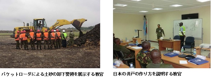 （左）バケットローダによる土砂の卸下要領を展示する教官、（右）日本の井戸の作り方を説明する教官
