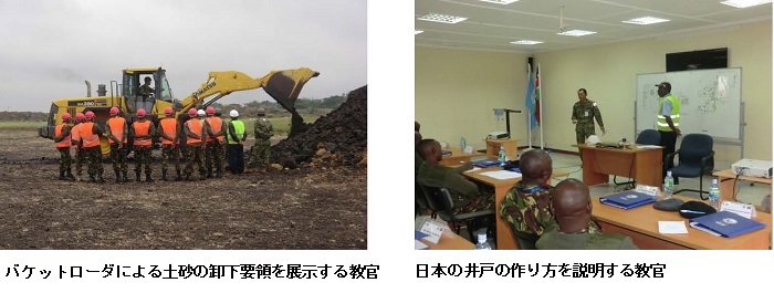 (左)バケットローダによる土砂の卸下要領を展示する教官、(右)日本の井戸の作り方を説明する教官