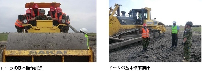 (左)ローラの基本操作訓練、(右)ドーザの基本作業訓練