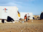 提供した救援用テントと被災民の子供たち