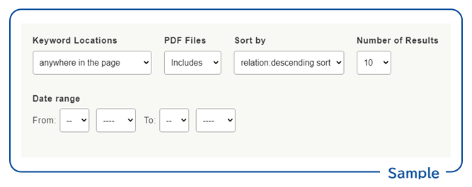screenshot: Other options: Keyword Locations, PDF Files, Sort, Number of Results, Date range