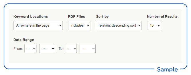screenshot: Other Options: Keyword Locations, PDF Files, Sort, Number of Results, Date Range