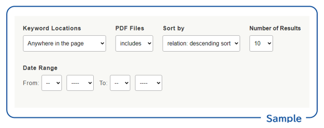 screenshot: Other options: Keyword Locations, PDF Files, Sort, Number of Results, Date range