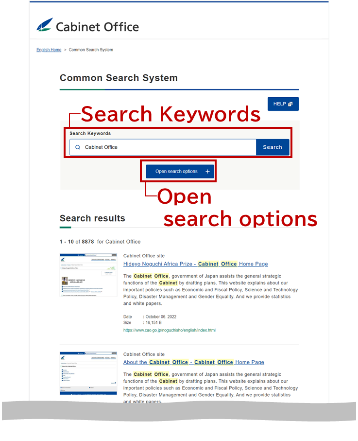 screenshot of search result screen: Search Keywords, Open search options
