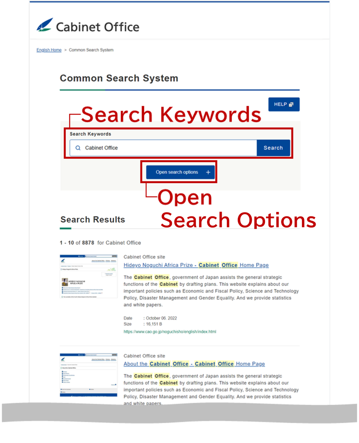 screenshot of search result screen: Search Keywords, Open search options