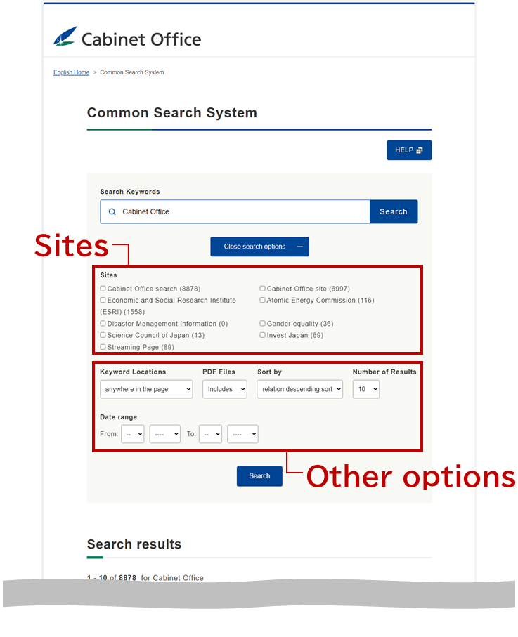screenshot of search result screen (search options displayed): Sites, Other options