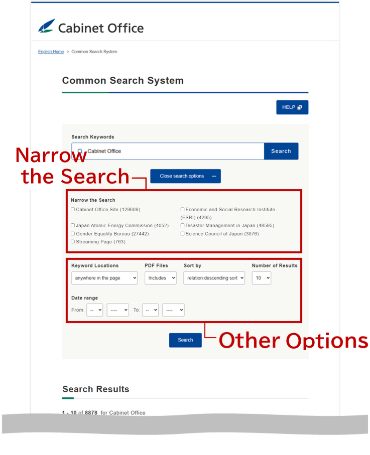 screenshot of search result screen (search options displayed): Sites, Other Options