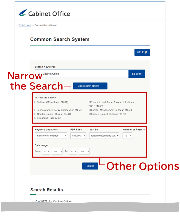 screenshot of search result screen (search options displayed): Sites, Other options